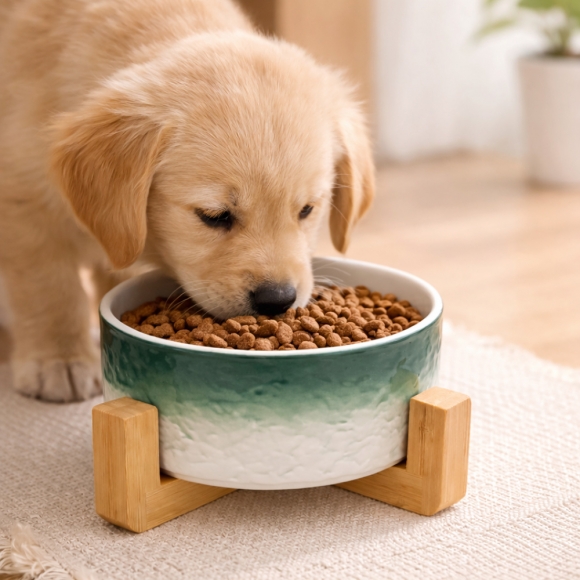 반려동물 우드받침 도자기식기(16cm) (그린그라데이션)