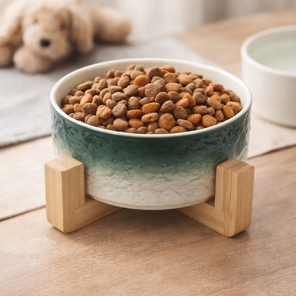 반려동물 우드받침 도자기식기(16cm) (그린그라데이션)