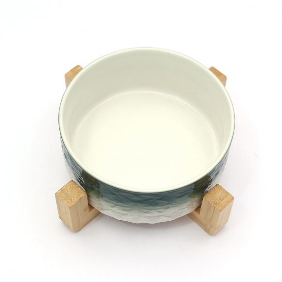 반려동물 우드받침 도자기식기(16cm) (그린그라데이션)