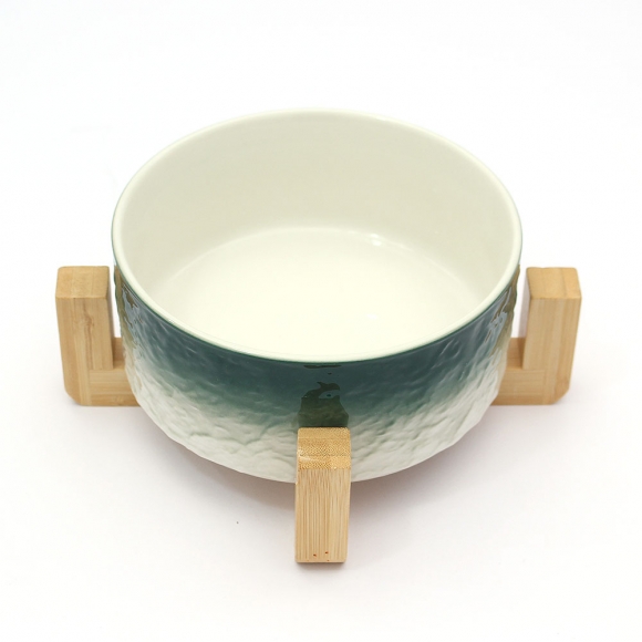 반려동물 우드받침 도자기식기(16cm) (그린그라데이션)