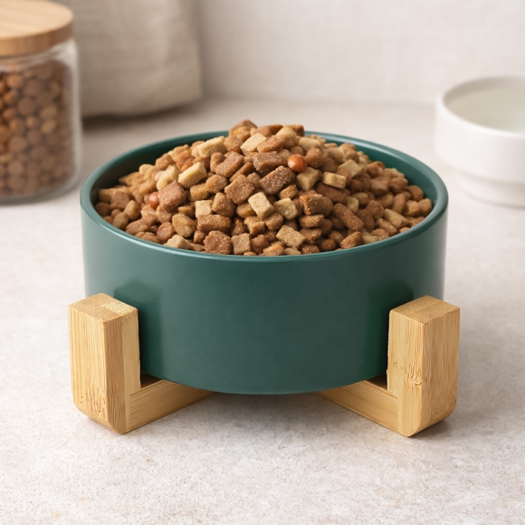 반려동물 우드받침 도자기식기(13cm) (그린)