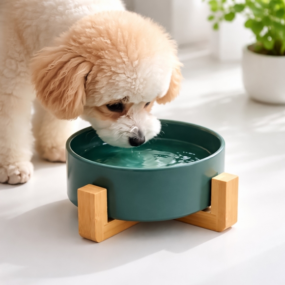 반려동물 우드받침 도자기식기(13cm) (그린)