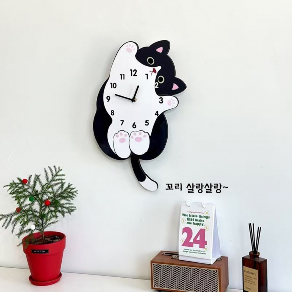 홈테리어 흑백 고양이 무소음 벽시계