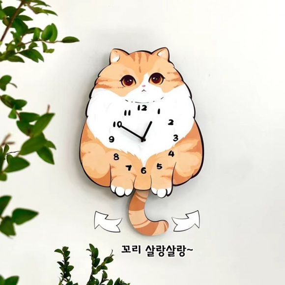 홈테리어 오렌지 고양이 무소음 벽시계