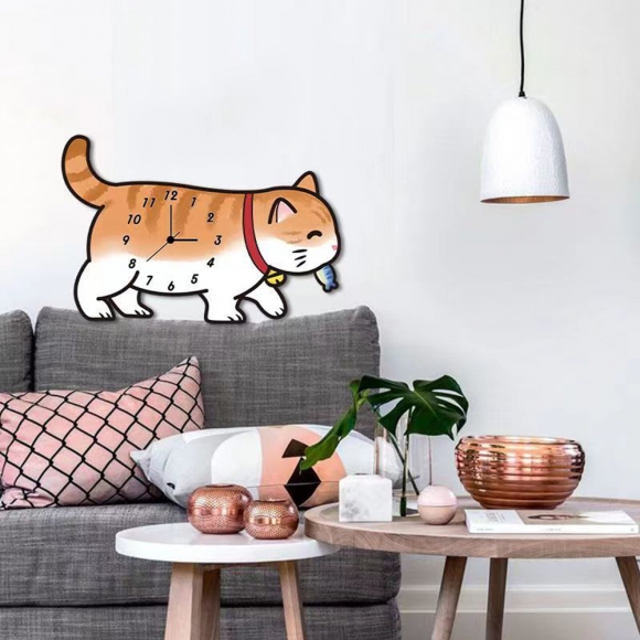 홈테리어 걷는 오렌지 고양이 무소음 벽시계