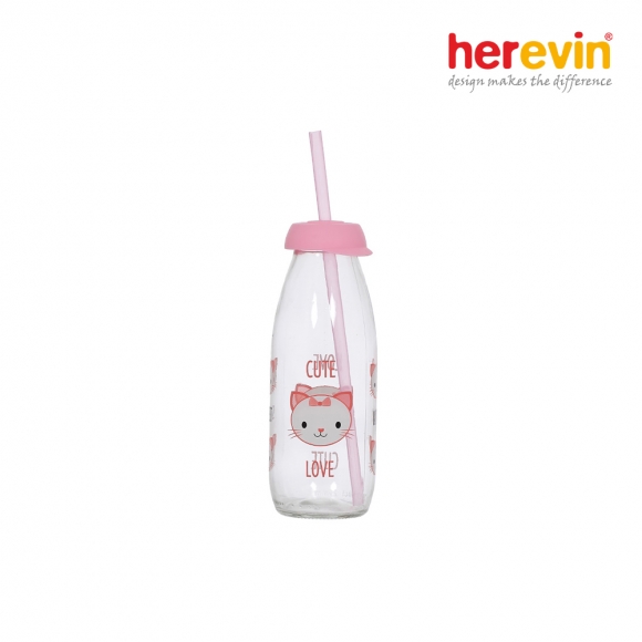 [튀르키예 헤르빈] 고양이 유리물병 250ml (핑크) (빨대포함)