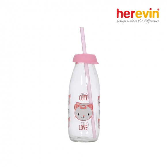 [튀르키예 헤르빈] 고양이 유리물병 500ml (핑크) (빨대포함)