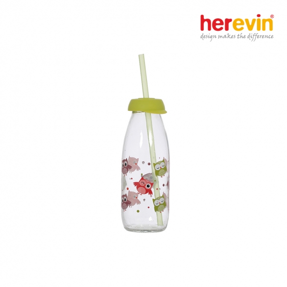 [튀르키예 헤르빈] 부엉이 유리물병 250ml (그린) (빨대포함)