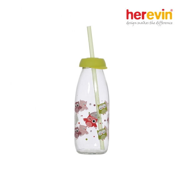 [튀르키예 헤르빈] 부엉이 유리물병 500ml (그린) (빨대포함)