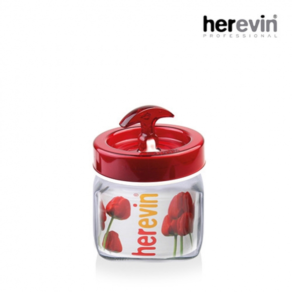 [튀르키예 헤르빈] 베가 핸들 정사각 유리 밀폐용기 1L (레드)
