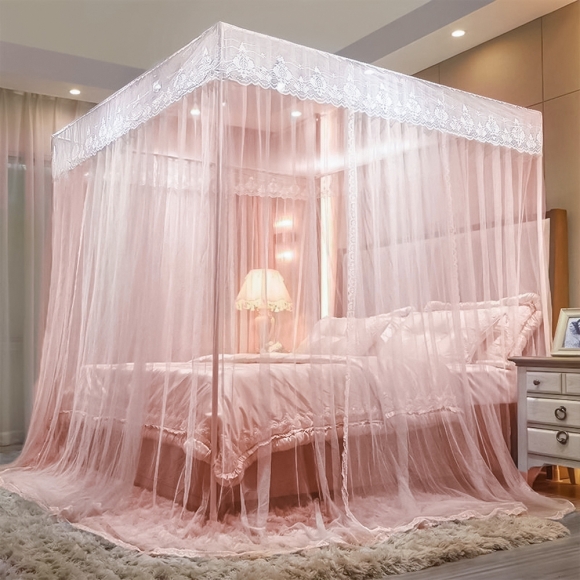 [리빙피스] 레이스 커튼형 침대 모기장 (120x200cm) (핑크)