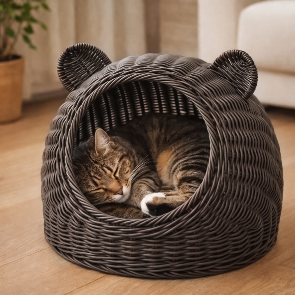 고양이 라탄패턴 숨숨집(중형묘) (커피)