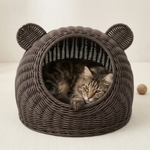 고양이 라탄패턴 숨숨집(대형묘) (커피)