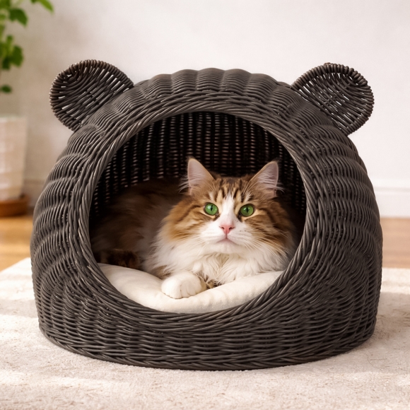 고양이 라탄패턴 숨숨집(대형묘) (커피)