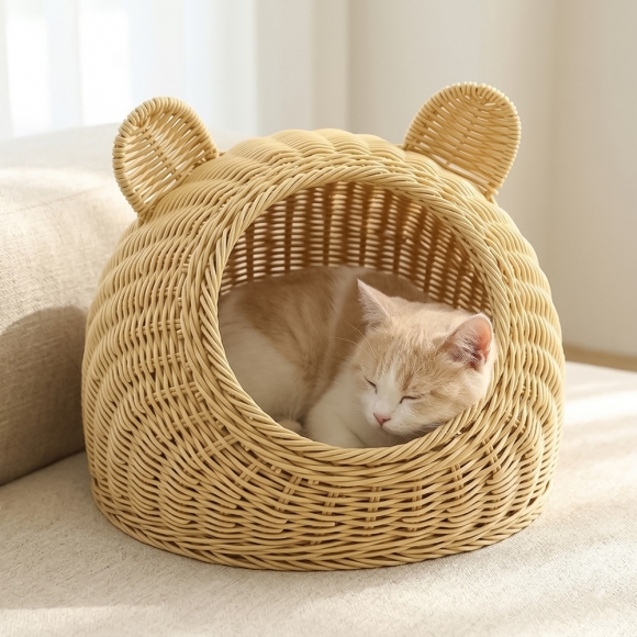 고양이 라탄패턴 숨숨집(소형묘) (베이지)