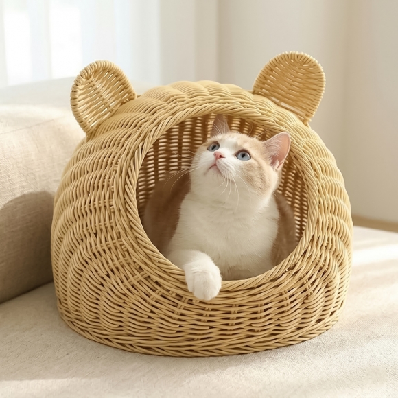 고양이 라탄패턴 숨숨집(소형묘) (베이지)