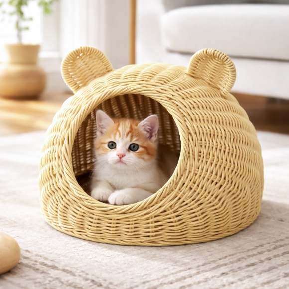 고양이 라탄패턴 숨숨집(소형묘) (베이지)