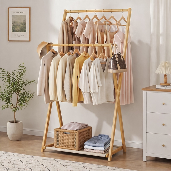 슬림 대나무 2단 스탠드 선반 행거 (70cm) (오크)